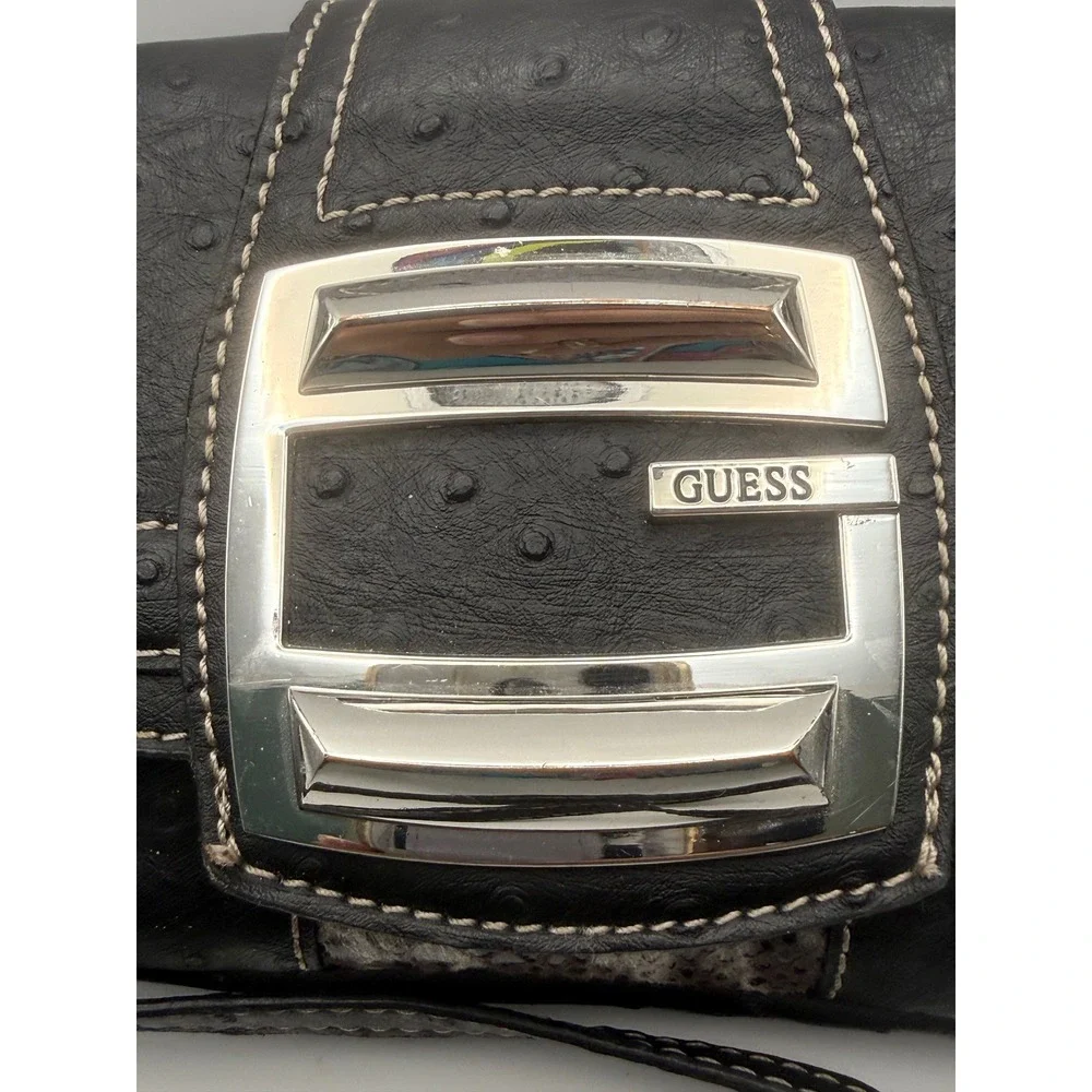 Vtg Guess Black Ostrich Snakeskin Crossbody Purse‎ Bag Silver G Logo Buckle Y2K